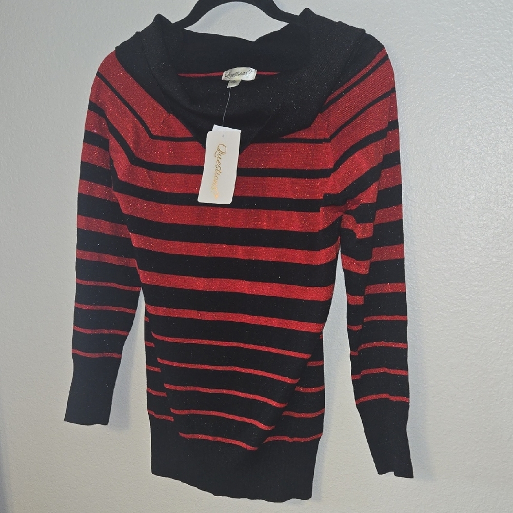Red and Black Cowl Neck Sweater with Stripes